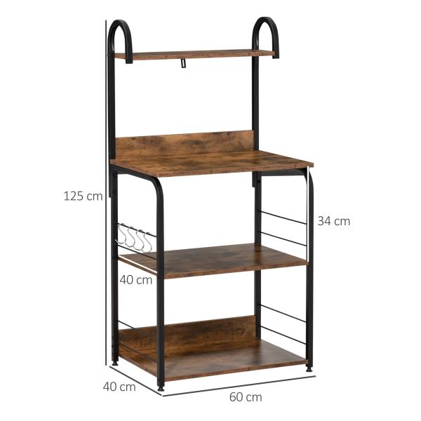 Estante de Cozinha Estante para Microondas com 4 Níveis Ganchos e Pés Ajustáveis Estante de Armazenamento 60x40x125 cm Marrom Rústico