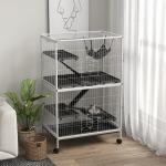 Gaiola para Roedores 80x52x128 cm Casa de 4 Alturas com Rampas Suspensa Rede Bandeja Removível Rodas Branco Rajado e Preto