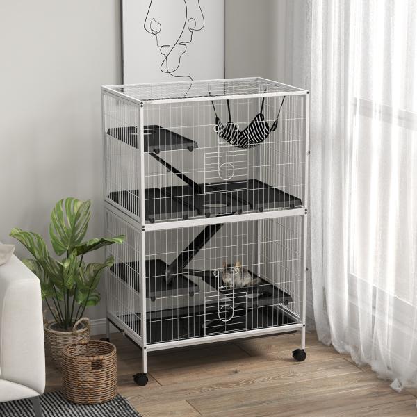 Gaiola para Roedores 80x52x128 cm Casa de 4 Alturas com Rampas Suspensa Rede Bandeja Removível Rodas Branco Rajado e Preto