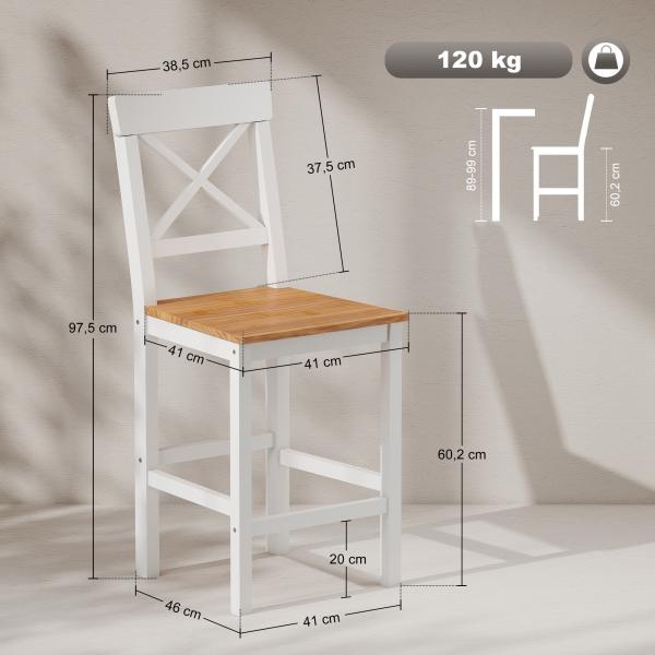 Conjunto de 2 Bancos de Bar de Madeira com Encosto e Apoio para os Pés Estilo Rústico para Cozinha 41x46x97.5 cm Natural