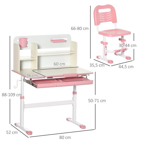 Conjunto de Secretária e Cadeira para Crianças com Altura Ajustável e Bancada Inclinável 80x52x88x109cm e 35,5x44,5x66 - 80cm Rosa