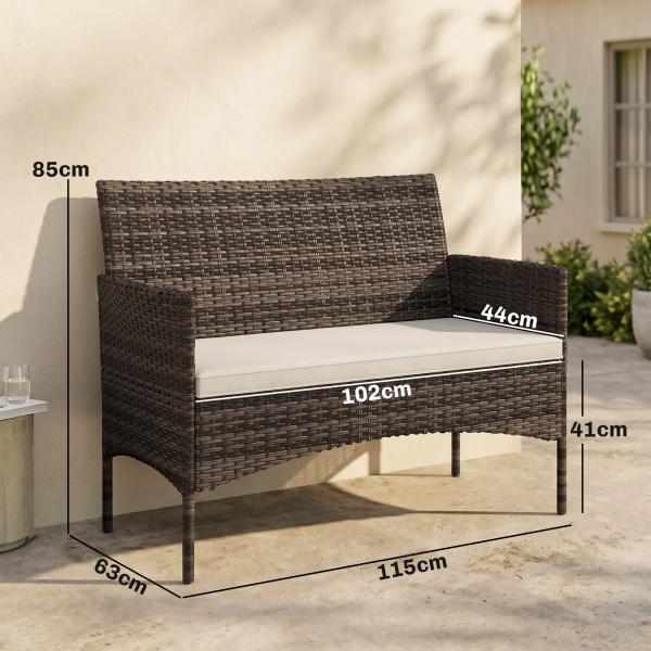 Sofá de Exterior em Rattan de 2 Lugares Sofá de Jardim com Almofada Lavável Estrutura de Aço para Varanda Caqui