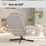 Poltrona Giratória Moderna com Base Cruzada Estofada em Chenille e Couro PU Assento Largo Duplo Pernas de Aço 78x95x99 cm Cinza