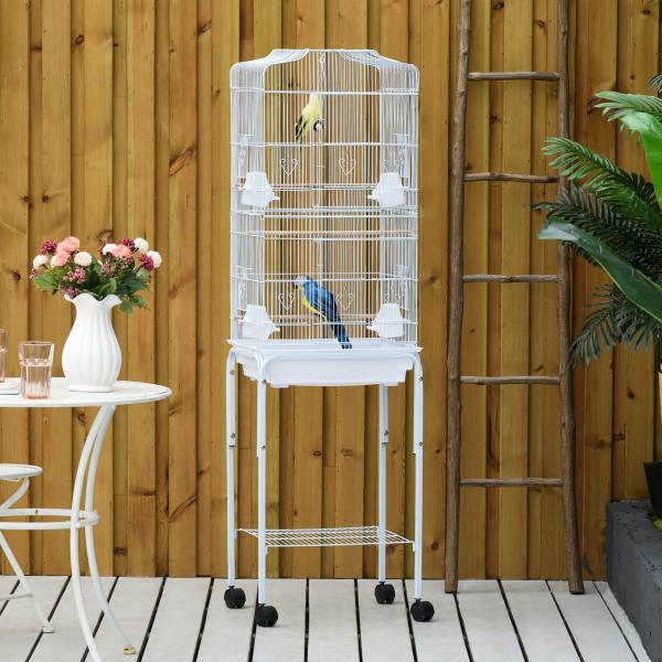 Gaiola para Passáros com Suporte com 4 Rodas Portas 4 Comedouros 3 Poleiros e Bandeja Removível 46,5x36x157cm Branco