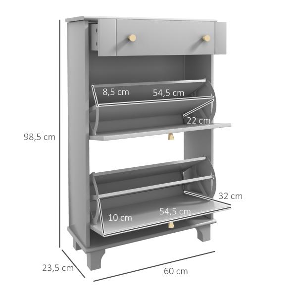 Sapateira Móvel Sapateira Estreita com 2 Portas e 1 Gaveta para 8 Pares de Sapatos 60x23,5x98,5 cm Cinzento
