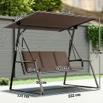 Baloiço de Jardim de 3 Lugares com Teto Ajustável UPF50+ 2 Bandejas Almofadas e Estrutura em Metal 222x131x175 cm Marrom