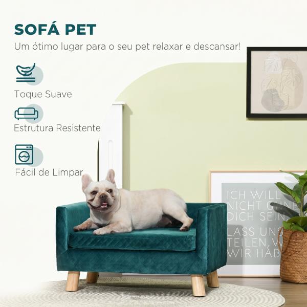 Sofá para Cães Pequenos 64x45x36 cm em Veludo com Almofada Lavável e Pés em Madeira de Bétula Azul Esverdeado