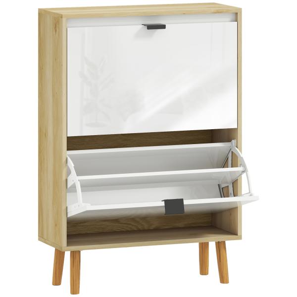 Sapateira Estreita com 2 Portas em Branco Brilhante e Estantes Ajustáveis Pés de Madeira para 12 Pares de Sapatos 60x24x91 cm