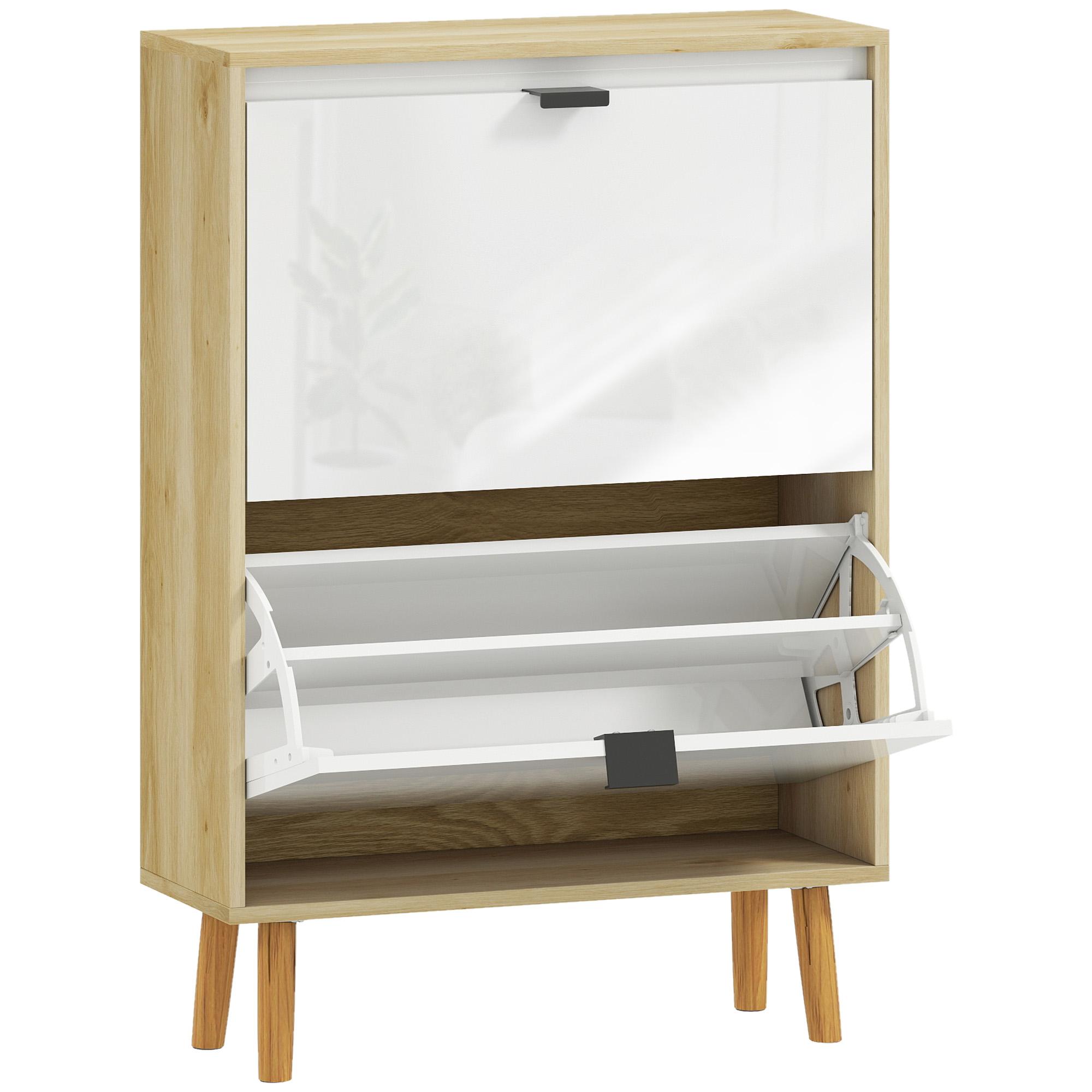Sapateira Estreita com 2 Portas em Branco Brilhante e Estantes Ajustáveis Pés de Madeira para 12 Pares de Sapatos 60x24x91 cm