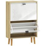Sapateira Estreita com 2 Portas em Branco Brilhante e Estantes Ajustáveis Pés de Madeira para 12 Pares de Sapatos 60x24x91 cm