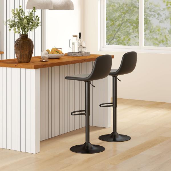 2 Bancos de Bar Reguláveis em Altura 84 - 104 cm com Encosto e Apoio para os Pés Estofadas em PU Giratórias em 360° Preto