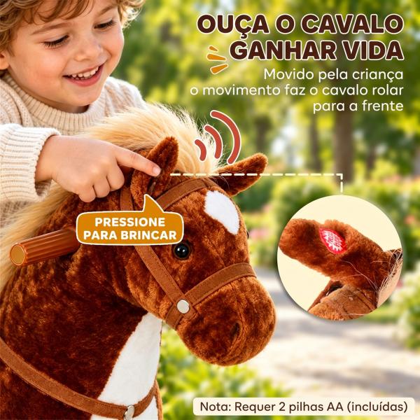 Cavalo de Brinquedo para Crianças de +3 Anos com Rodas Sons e Estrutura de Metal Carga 60kg 65x28x75 cm Castanho