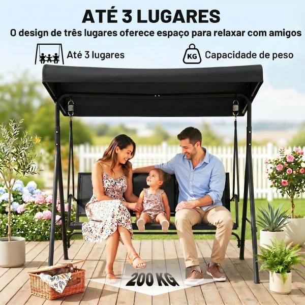 Baloiço de Jardim Exterior de 3 Lugares com Toldo Reclinável Assento Respirável e Estrutura de Aço 175x118x159 cm Preto