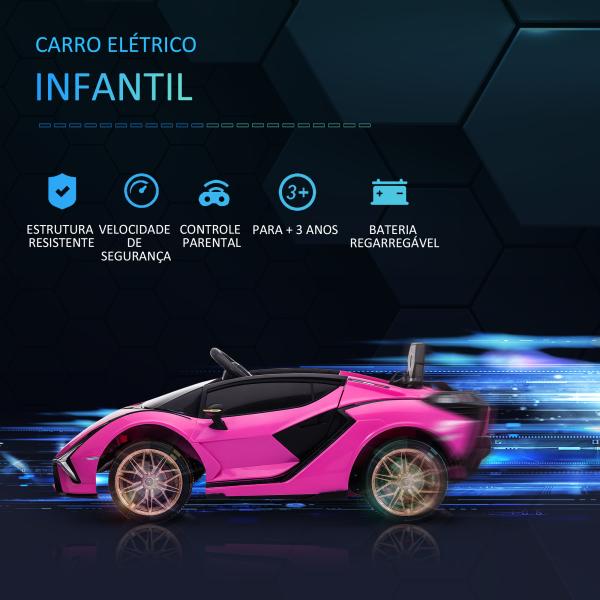 Carro Elétrico Lamborghini SIAN 12V para Crianças de 3 - 8 anos com Controle Remoto Abertura da Porta Música MP3 USB e Faróis 108x62x40cm Rosa