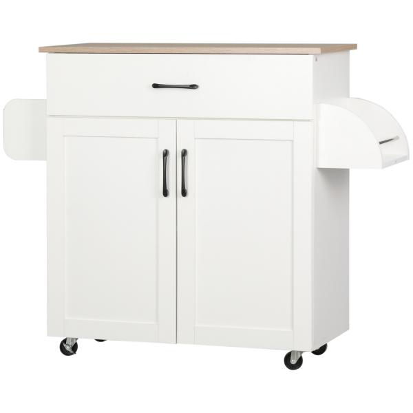 Carrinho de Cozinha com 1 Gaveta Suporte para Panos e Especies Carrinho Auxiliar com Rodas 105x36x85cm Branco