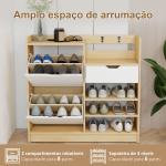 Sapateira Estreita com Prateleiras Ajustáveis Gaveta e 4 Ganchos para 14 Pares de Sapatos 93x30x90 cm Madeira e Branco