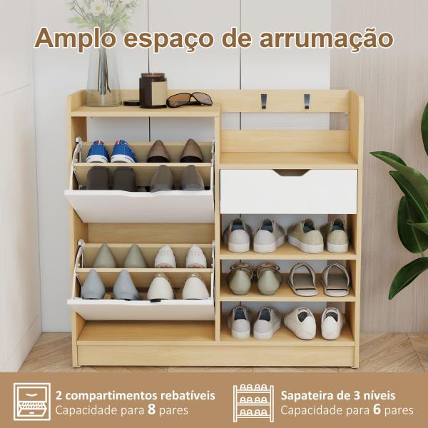 Sapateira Estreita com Prateleiras Ajustáveis Gaveta e 4 Ganchos para 14 Pares de Sapatos 93x30x90 cm Madeira e Branco