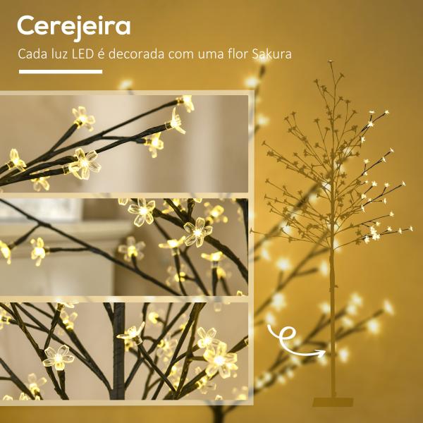 Árvore Cerejeira com 150 Luzes LED IP44 Branco Quente Árvore Decorativa com Ramos Flexíveis para Interior 17x17x150cm Preto
