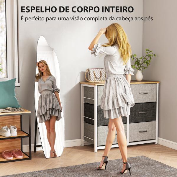 Espelho de Pé 160x40 cm sem Moldura Espelho de Corpo Inteiro Forma Irregular com Suporte Metálico Preto