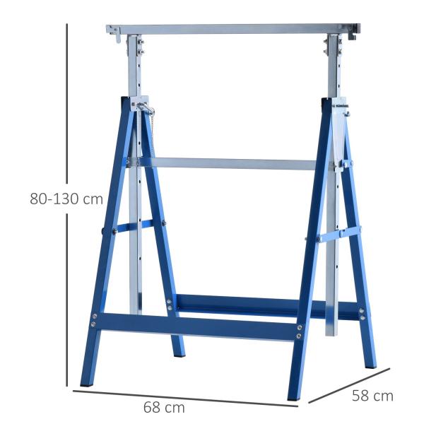 Conjunto de 2 Cavaletes Telescópicos Dobráveis com Altura Ajustável Cavaletes de Serra de Aço para Mesa de Trabalho Carga 200kg 68x58x80 - 130cm Azul e Prata