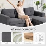 Sofá Chaise Longue Reversível Sofá de Canto em Forma de L de 3 Lugares Estofado em Veludo Cotelê 192x137x84 cm Cinzento Escuro
