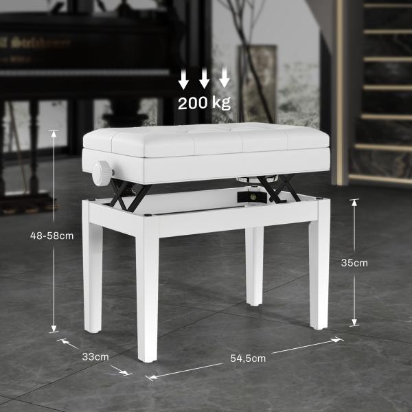 Banco de Piano com Espaço de Armazenamento e Altura Ajustável Carga 200 kg 54,5x33x48 - 58 cm Branco