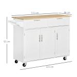 Carrinho de Cozinha com Rodas 2 Gavetas 3 Portas Prateleiras Ajustáveis e Barra para Sala de Jantar 121x46x91 cm Branco