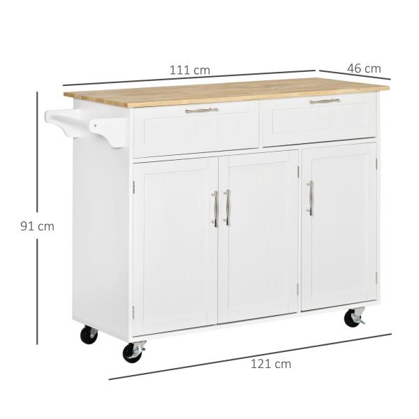 Carrinho de Cozinha com Rodas 2 Gavetas 3 Portas Prateleiras Ajustáveis e Barra para Sala de Jantar 121x46x91 cm Branco
