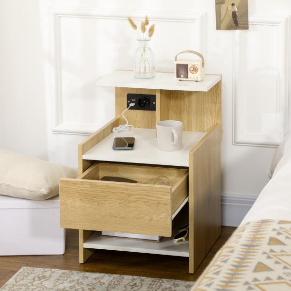 Mesa de Cabeceira Moderna Mesa de Cabeceira com Entrada USB Tomada Elétrica Gaveta e Prateleiras 40x40x60 cm Madeira