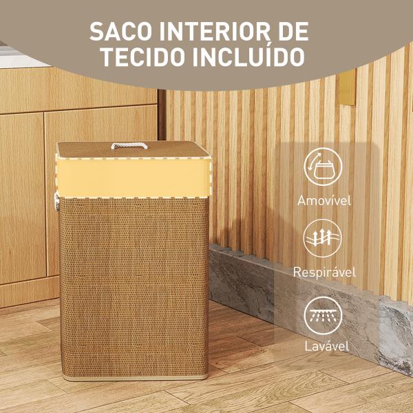 Cesto de Roupa com Tampa 72L Cesto de Roupa de Bambu com Bolsa Interior Removível e Alças 40x30x60 cm Madeira e Creme