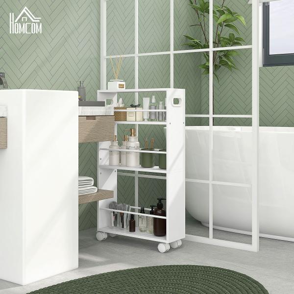 Estante de Casa de Banho com Rodas Carrinho Auxiliar de 3 Níveis com Barras Laterais e Alças 45x15x80 cm Branco