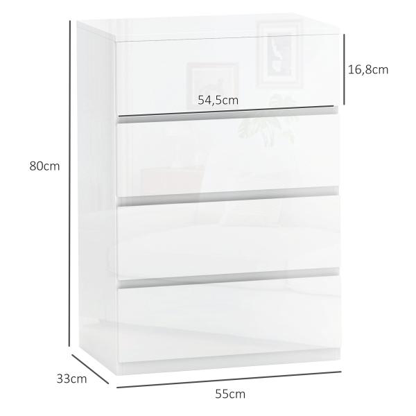Cómoda com 4 Gavetas de Madeira Cómoda de Dormitório Cómoda Branca Estilo Moderno 55x33x80 cm Branco Brilhante