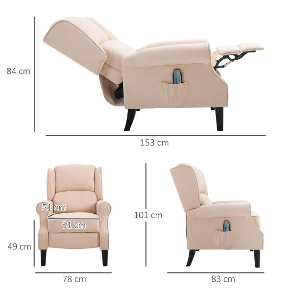 Poltrona de Massagem Poltrona Relax Reclinável com Controlo Remoto 2 Áreas de Massagem Bolso Lateral 78x83x101 cm Bege