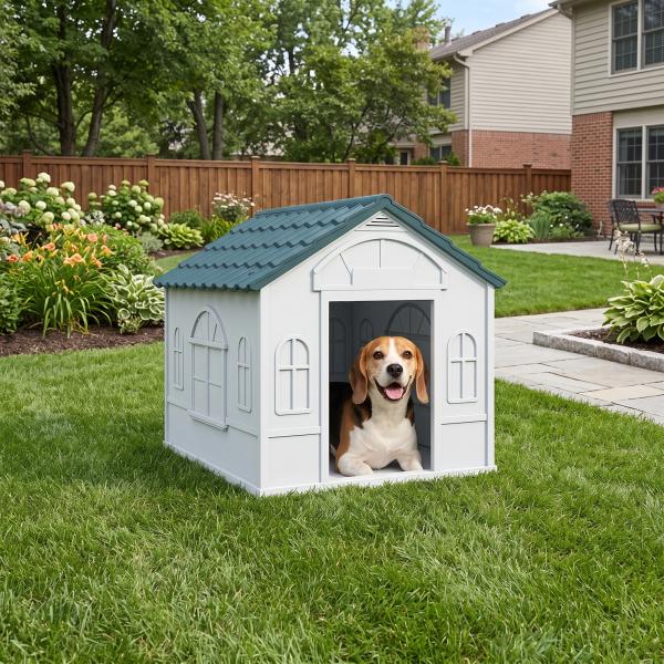 Casa para Cães 65x75,7x63 cm Casa para Cães com Janelas e Teto com Telhas de Imitação para Cães Médios Azul e Branco