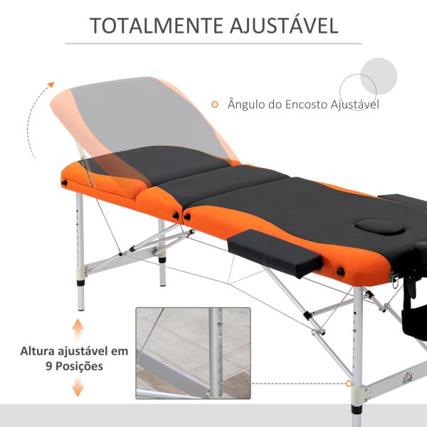 Marquesa de Massagem Dobrável e Portátil com Altura Ajustável e Apoio para a Cabeça 210x81x62 - 85 cm Laranja e Preto