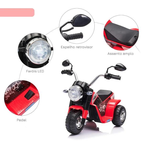 Motocicleta Elétrica Infantil com 3 Rodas Triciclo a Bateria 6V para Crianças de 18 - 36 Meses com Farol Buzina 72x57x56cm Vermelho