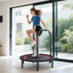 Trampolim de Fitness Ø102 cm Dobrável com Guiador Ajustável de 4 Níveis e Bandas para Treino de Pernas e Corpo Vermelho