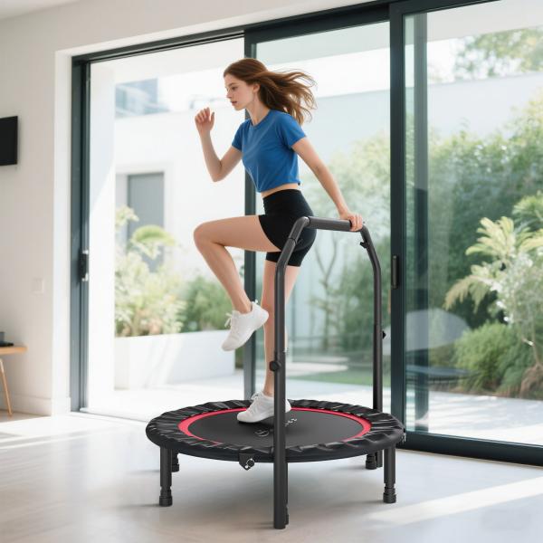 Trampolim de Fitness Ø102 cm Dobrável com Guiador Ajustável de 4 Níveis e Bandas para Treino de Pernas e Corpo Vermelho