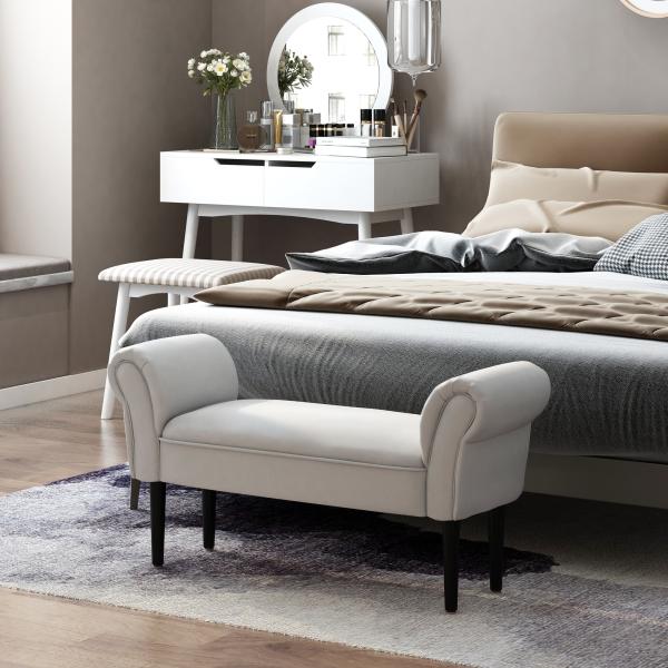 Banco de Pé de Cama Banco com Braços Curvados Estofado e Pés de Madeira Carga Máxima 130kg 102x31x51cm Creme