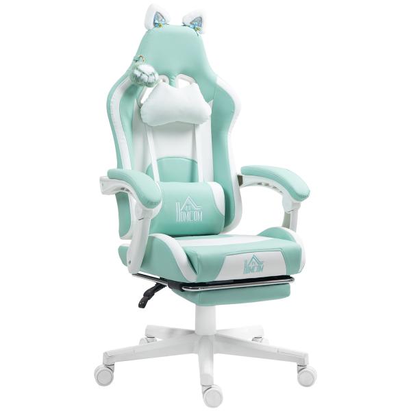 Cadeira Gaming com Orelhas Cadeira Gamer Reclinável com Altura Ajustável e Suporte Lombar 65x62x116 - 124 cm Azul Claro