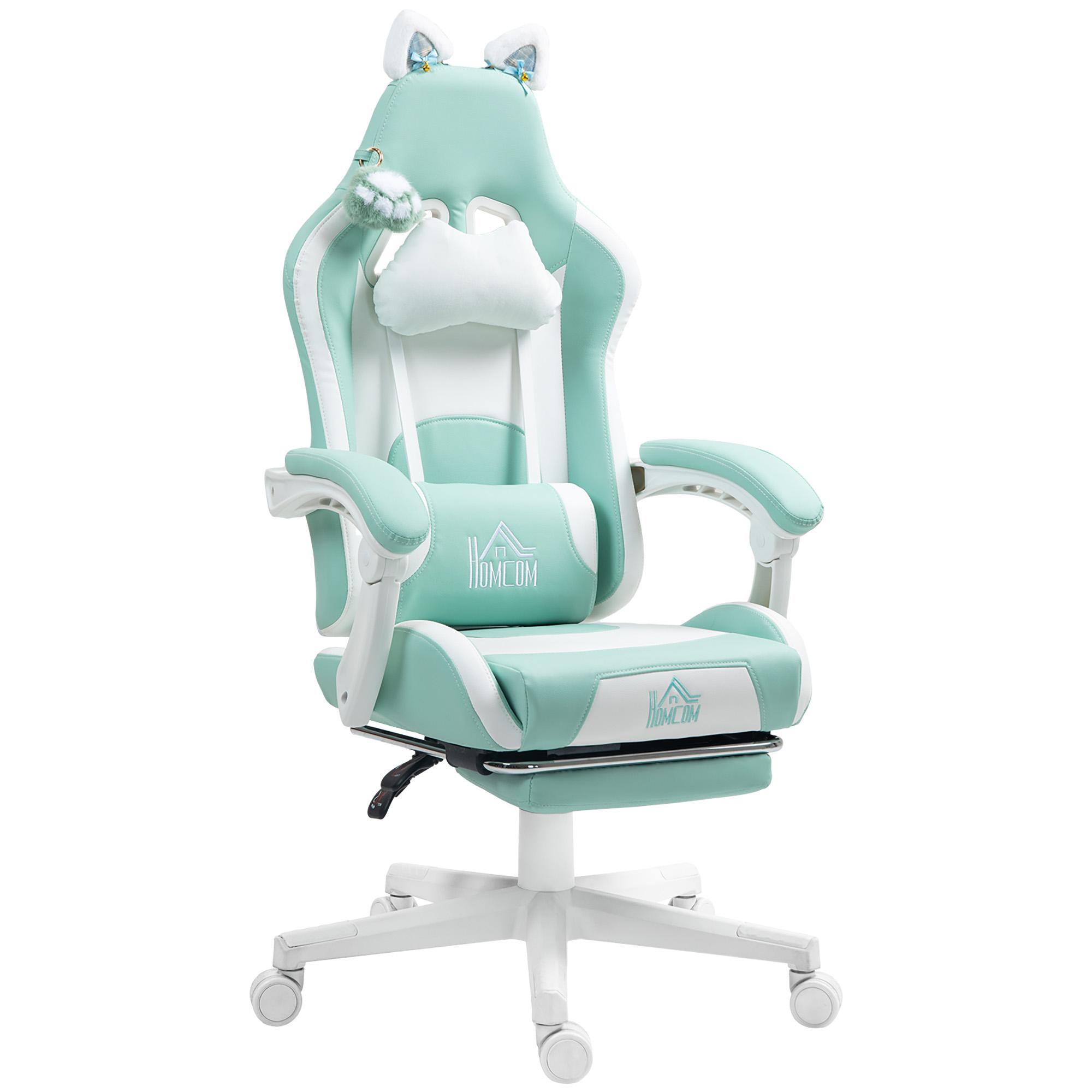 Cadeira Gaming com Orelhas Cadeira Gamer Reclinável com Altura Ajustável e Suporte Lombar 65x62x116 - 124 cm Azul Claro