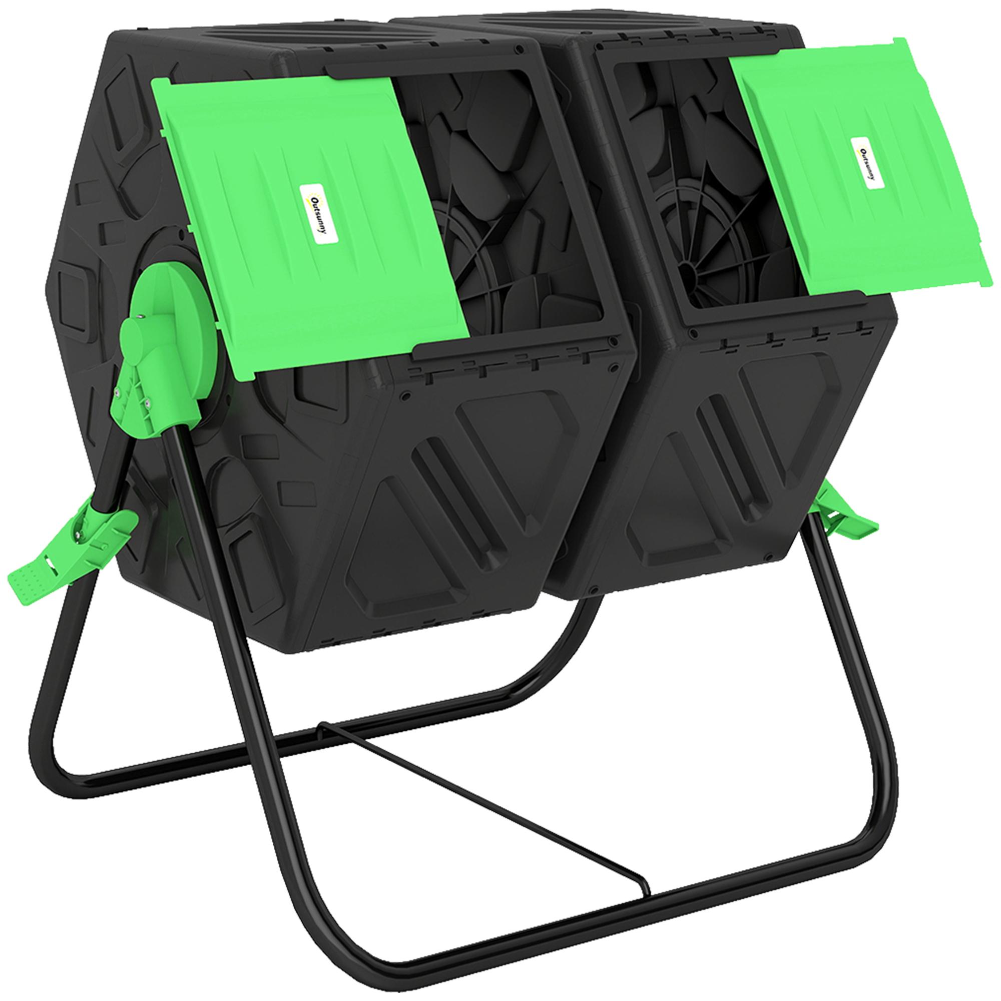 Compostor Giratório de 130L Recipiente de Compostagem de Jardim de Dupla Câmara com Aberturas de Ventilação 67x60x77 cm Preto e Verde
