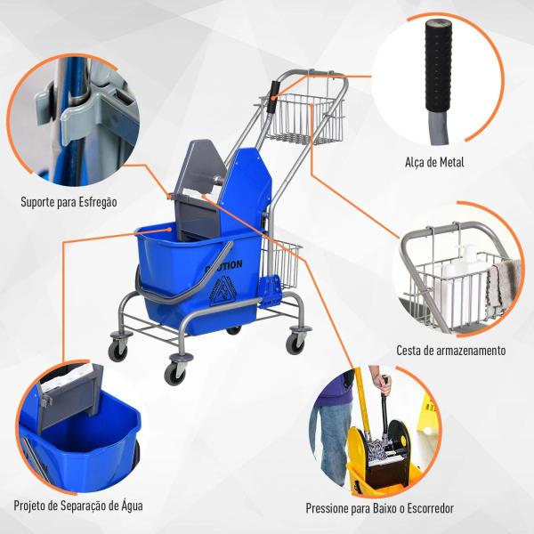 Carro de Limpeza Balde para Esfregona com Escorredor a Pressão Rodas e Cesto de Armazenamento Capacidade 26L 73x45x95 cm Azul