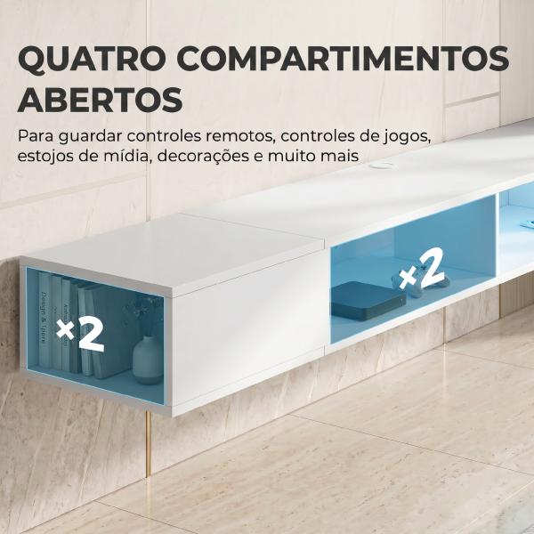 Móvel de TV Suspenso com Luzes LED e Estantes Abertas para Televisão até 75'' 177,8x30x18 cm Branco