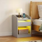 Mesa de Cabeceira com Luzes LED Gaveta Prateleira Estação de Carregamento Entrada USB e Controlo Remoto 40x40x58 cm Cinzento