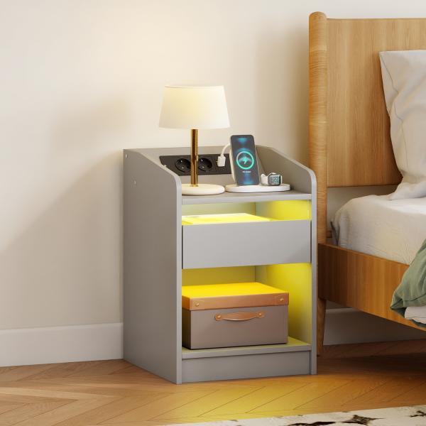 Mesa de Cabeceira com Luzes LED Gaveta Prateleira Estação de Carregamento Entrada USB e Controlo Remoto 40x40x58 cm Cinzento