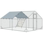 Galinheiro para Exterior 3x4 m Galinheiro de Aço Galvanizado com Comedouro Suspenso Tipo Espeto Poleiro Anti - UV Prata