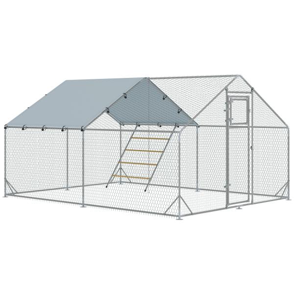 Galinheiro para Exterior 3x4 m Galinheiro de Aço Galvanizado com Comedouro Suspenso Tipo Espeto Poleiro Anti - UV Prata