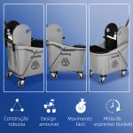 Balde de Esfregona Comercial com Espremedor de Pressão para Baixo Capacidade 36L com 4 Rodas 2 Cubetas 54x41x91,5 cm Cinza