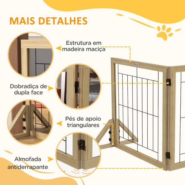 Barreira para Cães de Madeira Dobrável com 3 Painéis e Pés de Apoio Triangulares 210x44x70 cm Madeira